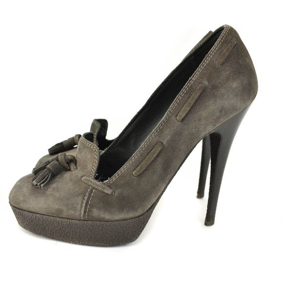 YSL: Brown, Suede Leather Platform Loafer Heels - Picture 2 of 11